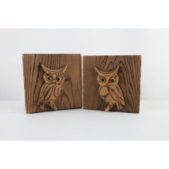 Vintage 60s Mid Century Modern MCM Wood Owl Bird Bookends Book End Pair Brown